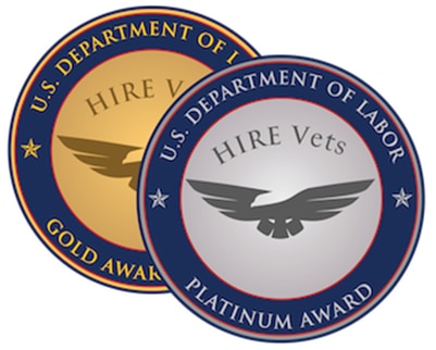 Image with text that reads "U.S. Department of Labor. Hire Vets. Platinum Award. 