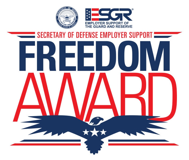 Image with text that reads "ESGR Employer Support of the Guard Reserve. Secretary of Defense Support. Freedom Award."