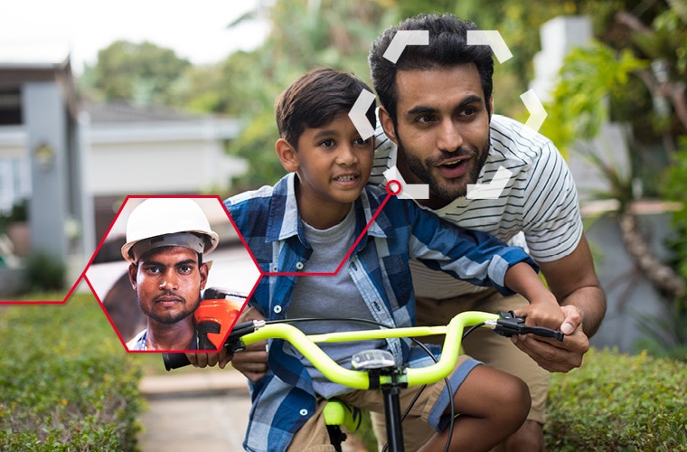 A father is teaching his son how to ride a bycicle. He can also be seen in his professional environment with a safety helmet in a smaller picture.