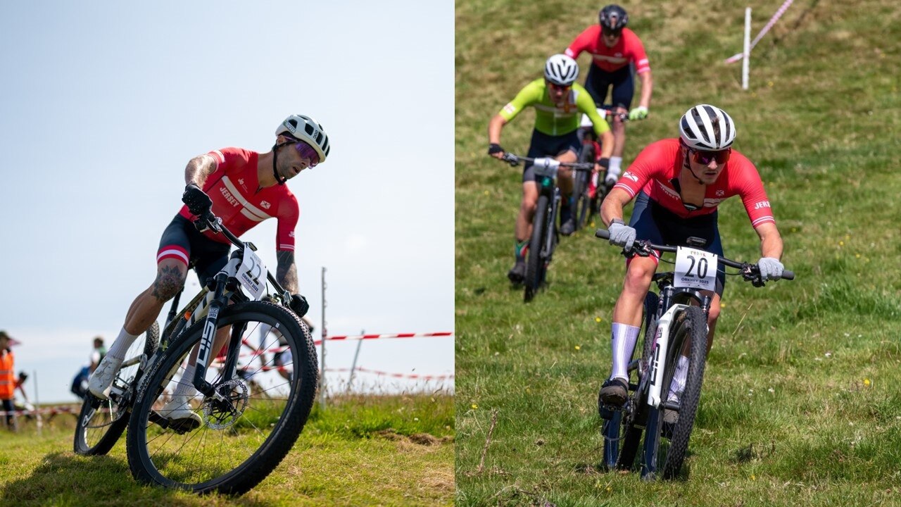 There are 2 pictures of men riding mountain bikes. They are both wearing cycling gear, and have team Jersey uniform on. They both have white safety helmets.