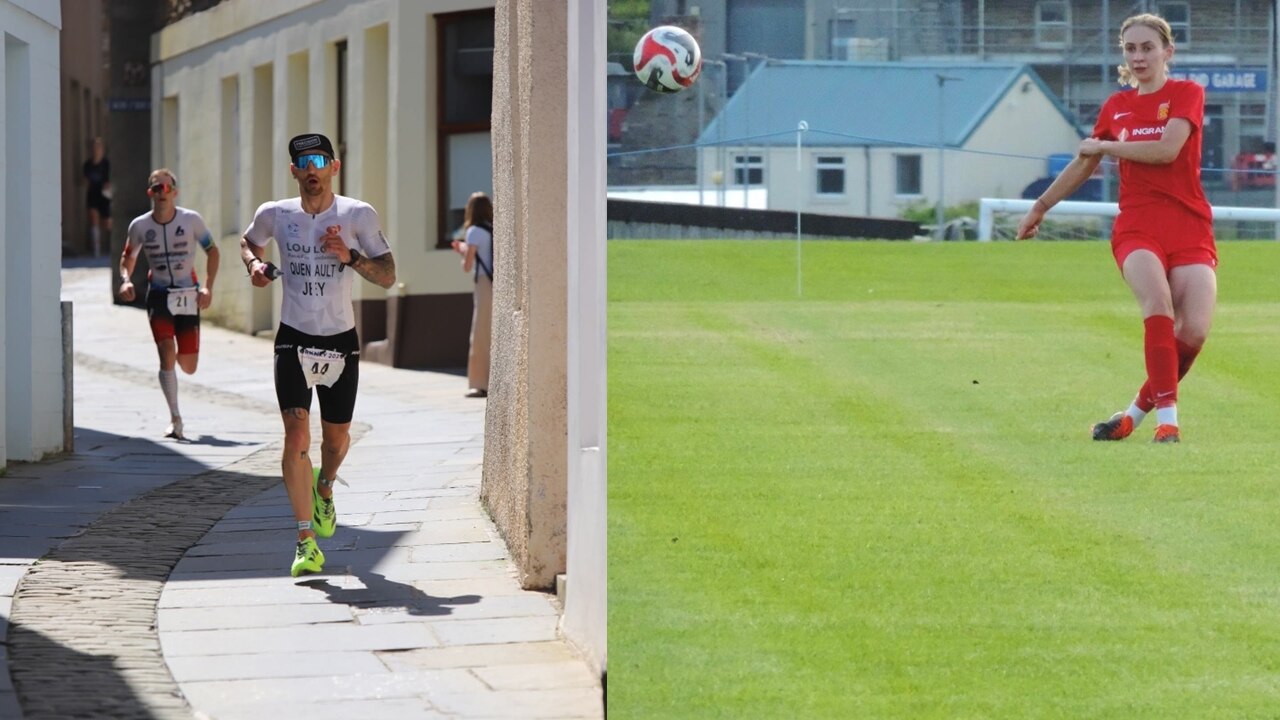 On the left is a man running along a cobbled road. He is wearing running gear and has a race number. On the right, a women is playing football. She is wearing a read football kit.