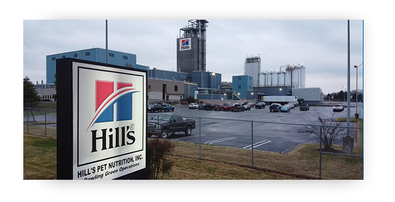 Hill's Pet Nutrition Bowling Green company sign with plant building behind it