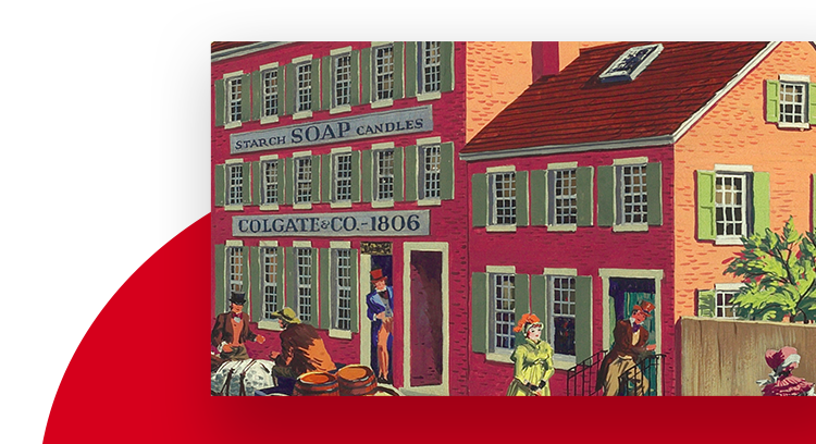 Watercolour painting of the storefront of Colgate's original soap business in 1806