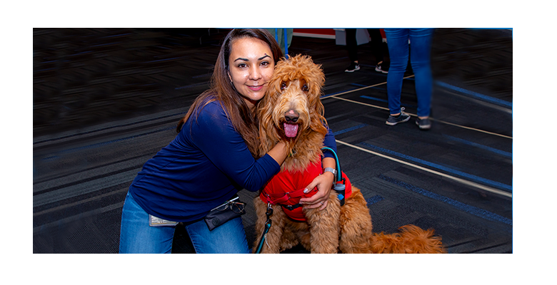 Woman kneeling, hugging red haired labradoodle dog that is wearing a red shirt