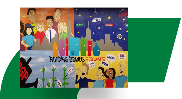 Mural of four different drawings that show off the breadth of Colgate-Palmolive's brands.