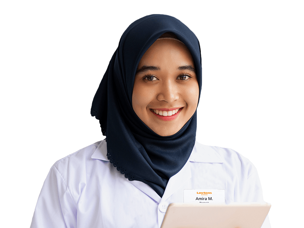 Female Pharmacist wearing lab coat and smiling