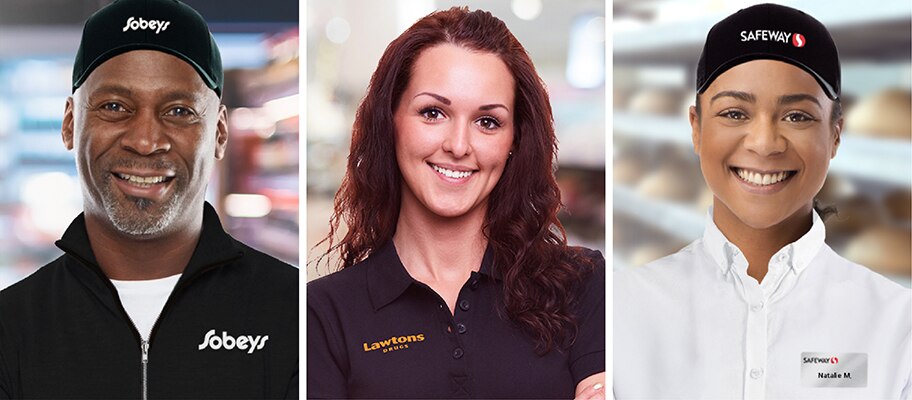 Male Sobeys Produce Clerk, Female Lawtons Cashier smiling and Female Safeway Baker
