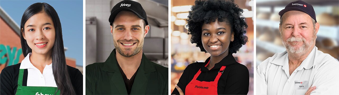 Smiling Sobeys, Foodland and Safeway employees wearing store uniforms