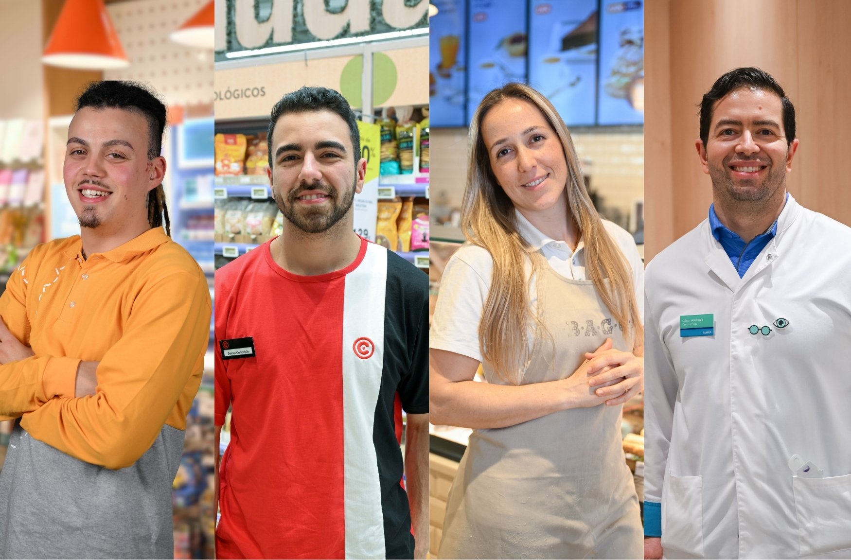 Four professionals pictured side by side in a store environment. The first person is wearing an orange and grey top with folded arms. The second person is wearing a red, black and white T-shirt with a name badge, standing in front of a product shelf. The third person is wearing a beige apron and white shirt in what appears to be a café or bakery area. The fourth person is wearing a white coat with a green badge, in a softly lit indoor space.