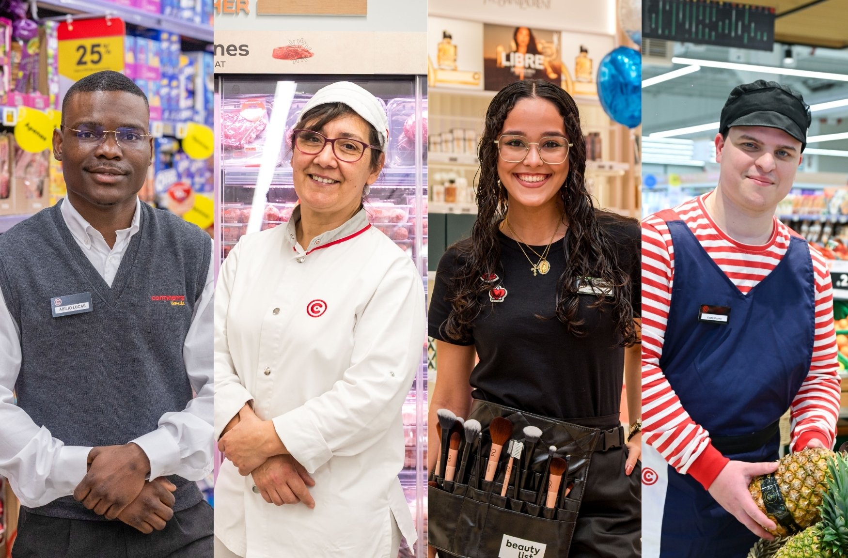 Four professionals are pictured side by side in different store areas. The first individual wears a grey vest over a white shirt, standing among colourful products on shelves. The second individual is dressed in a white coat in front of a refrigerated display with packaged items. The third individual wears a black top and a belt holding several makeup brushes and tools, located in a beauty aisle. The fourth individual wears a red‑and‑white striped top with a dark blue apron, holding two pineapples in the fruit and vegetable section.