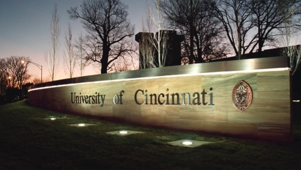 University of Cincinnati entrance lit up at night