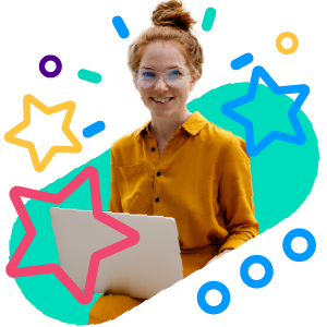 Happy young women using laptop with star, lines around her head