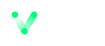Vital Healthcare logo, three dots connected with lines V-shaped and Vital Healthcare written.