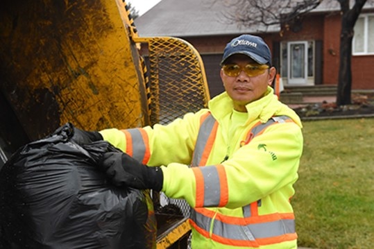 Image of garbage man putting garbage in truck