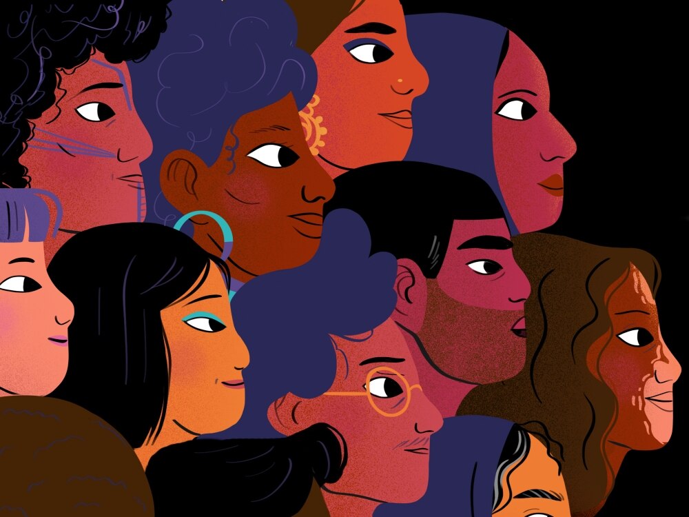 Graphic illustrations of a group of multicultural faces