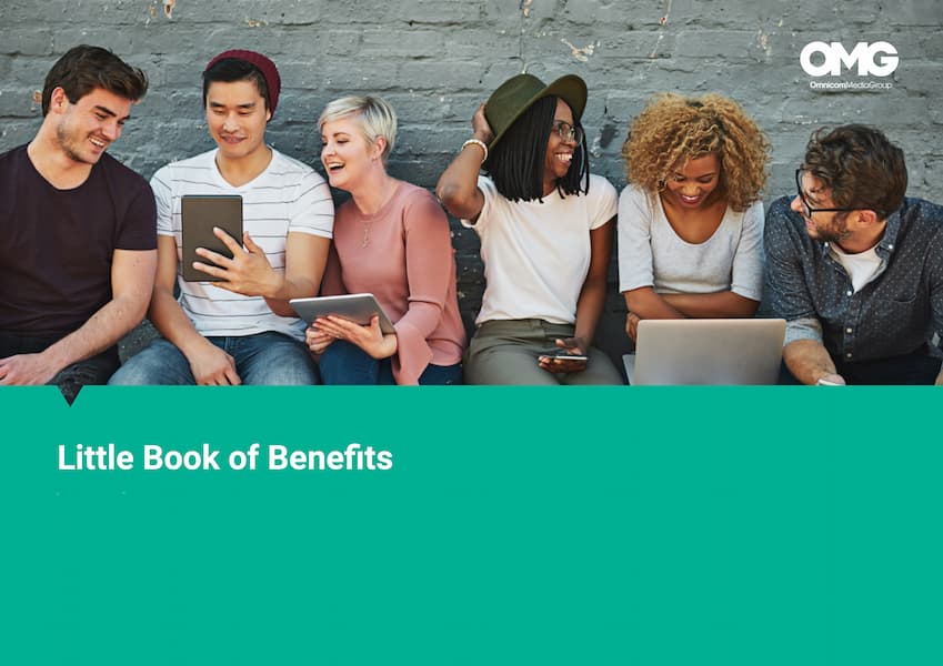An image of six people looking at tablets and phones and having conversations with each other with ‘Little Book of Benefits’ text at the bottom of the image