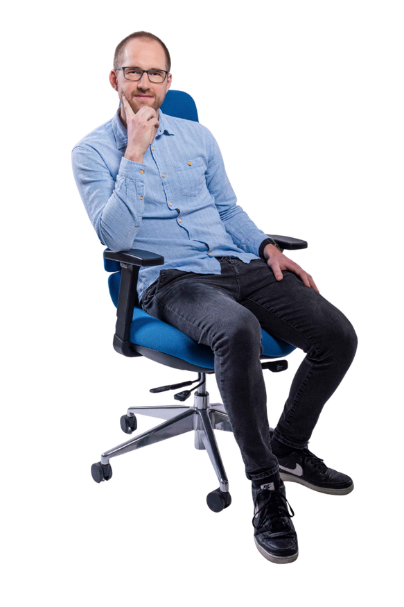 KBC Global Services colleague on a blue chair