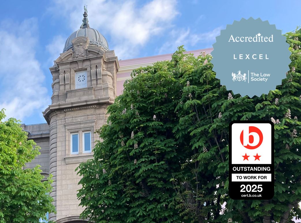 An ornate stone building, the States Chambers, with a domed clock tower partially obscured by trees. Two award badges overlay the image: one for Lexcel accreditation from the Law Society, and another recognition the organisation as 'Outstanding to work for 2025' by Best Companies.