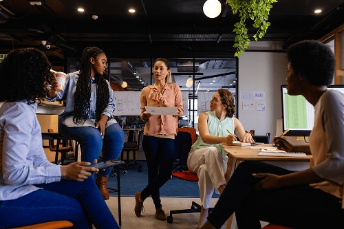 People talking in a modern workplace