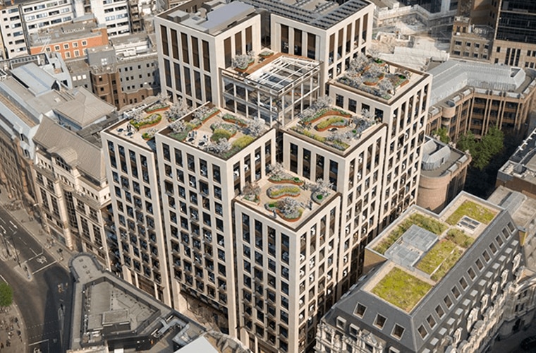 A building which looks like nine square columns at differing heights each with a garden on the rooftop.