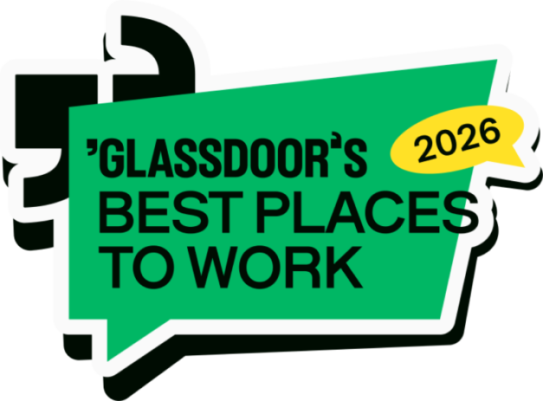 The words 'Glassdoor's best places to work 2026 in a green speech bubble.
