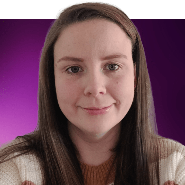 A colleague with long brown hair wearing a brown and cream coloured striped jumper.