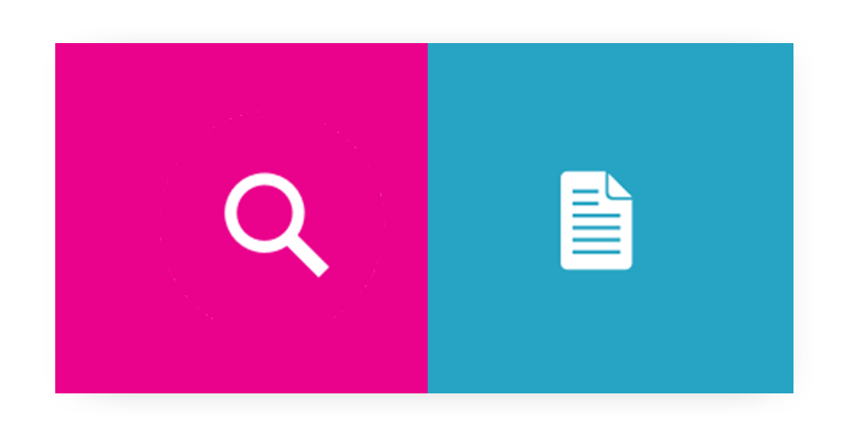 White magnifying glass icon on bright pink background and white resume icon on teal background.