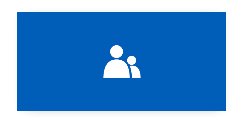 White icon of two people on bright blue background.