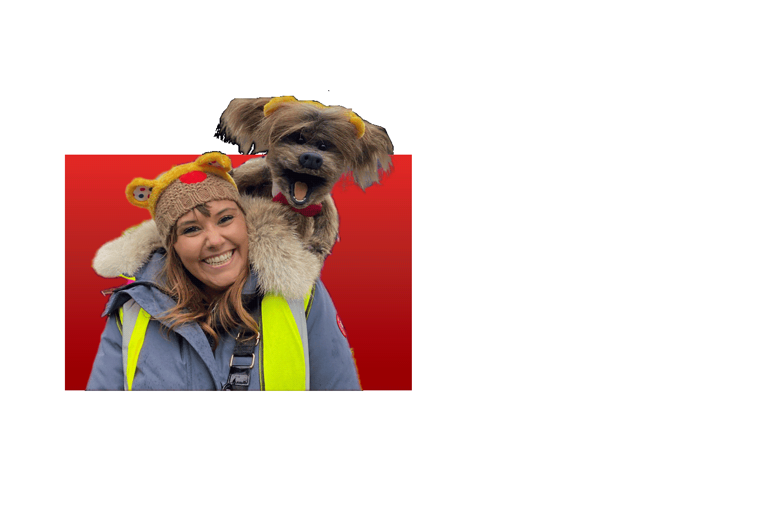Ebony, BBC apprentice wearing Pudsey ears with Hacker T Dog. 