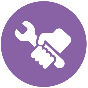 Icon of a purple circle with a white outline of a hand holding a spanner inside it.