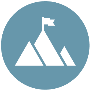 Icon of a light blue circle with a white outline of pyramids with a flag on the top inside it.