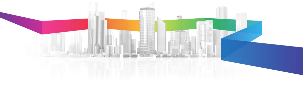 Light grey clip art image of a skyline with CommScope's colorful ribbon running through it
