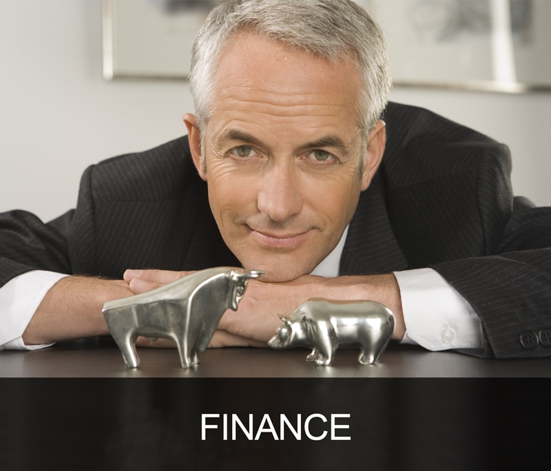 Finance professional with a bear and bull ornament on his desk