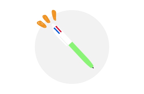 an illustration of the BIC 4 Colour pen in green and white with a vibrant red tip, standing upright on a simple backdrop