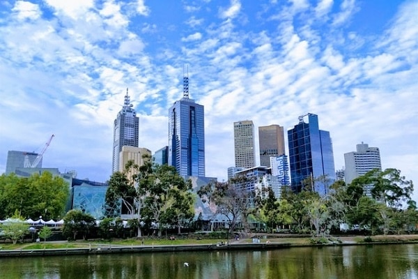 View of the Melbourne city skyline from the Yarra River.